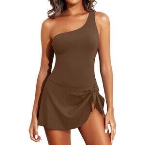 Tempt Me Women's Brown One Shoulder Swimdress Bikini Set, Size M
